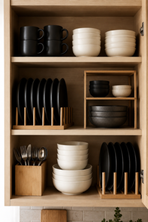 Light wood kitchen cabinet organized with matte black coffee mugs, cream ceramic bowls, black dinner plates, wooden vertical plate organizers, stacked serving bowls, black smaller bowls, and a natural wood utensil holder containing forks and spoons for functional modern kitchen storage.