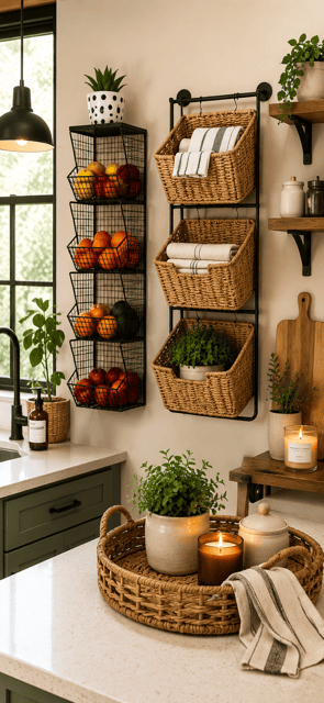 Amazon Kitchen Finds wall-mounted wire and woven baskets organizing fruit, linens, and kitchen essentials