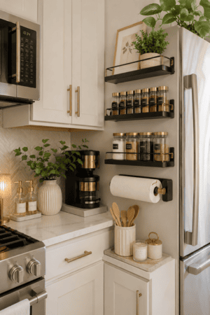 Bright modern white kitchen featuring black wall-mounted spice racks with glass seasoning jars, paper towel holder, black and gold coffee maker, ceramic utensil crock with wooden tools, ribbed vase with greenery, soap dispensers, candles, brass cabinet handles, marble countertops, and stainless steel refrigerator.