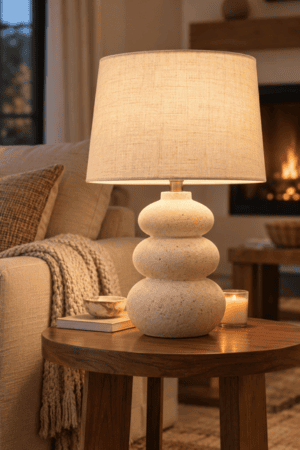 Sculptural ivory table lamp with three rounded pebble-shaped sections and a natural linen drum shade on a walnut living-room side table.
