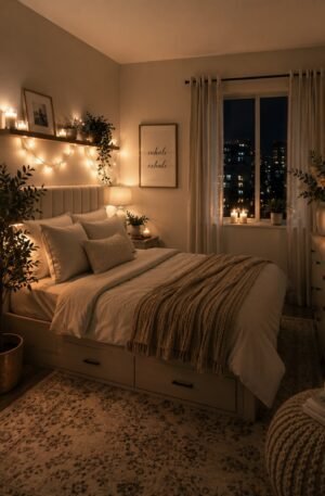 Cozy neutral bedroom at night featuring cream upholstered storage bed, white bedding, textured decorative pillows, chunky knit throw blanket, warm bedside lamp, glowing candles, string lights, green plants, sheer curtains, framed wall art, floating shelf, and vintage style area rug.