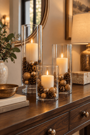 Three clear glass hurricane holders contain glowing ivory pillar candles, pinecones, walnuts, and gold ornaments on a walnut console beside a ceramic vase, brass bowl, lamp, mirror, books, and box