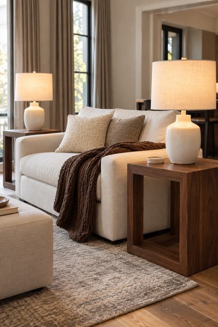 Cozy neutral living room featuring cream sofa, walnut end tables, ceramic table lamps, brown chunky throw, textured pillows, neutral area rug and warm curtains.