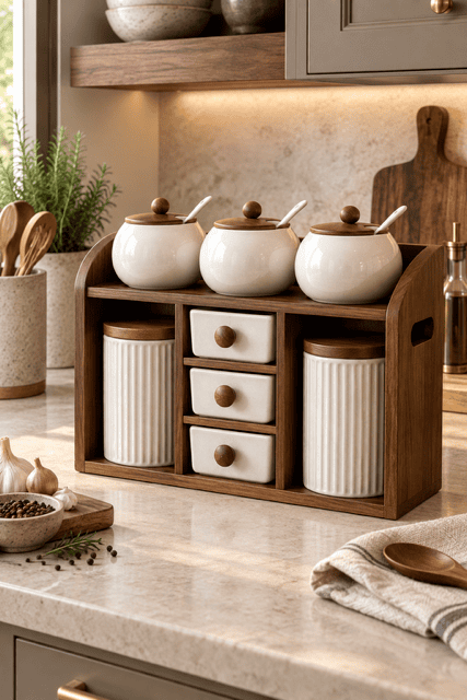 Amazon Kitchen Finds wooden countertop organizer with cream ceramic canisters, spice pots, and storage drawers