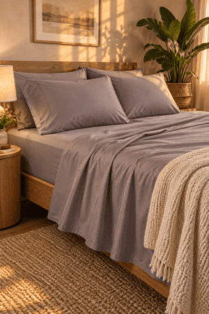 Taupe sheets and matching pillowcases style a warm wooden bed beside round nightstand, glowing lamp, cream knit throw, woven jute rug, framed landscape, tropical greenery, and golden afternoon sunlight indoors.