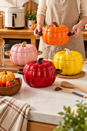 Colorful orange, red, yellow and pink pumpkin-shaped ceramic cooking pots with lids and handles styled in a warm cozy fall kitchen.