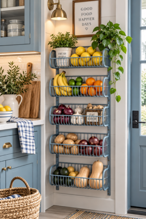 Blue and white kitchen featuring a five-tier wall-mounted metal produce organizer filled with lemons, bananas, limes, oranges, onions, garlic, potatoes, avocados, and butternut squash, styled with green plants, wooden cutting boards, woven baskets, blue gingham towel, brass hardware, and warm lighting.
