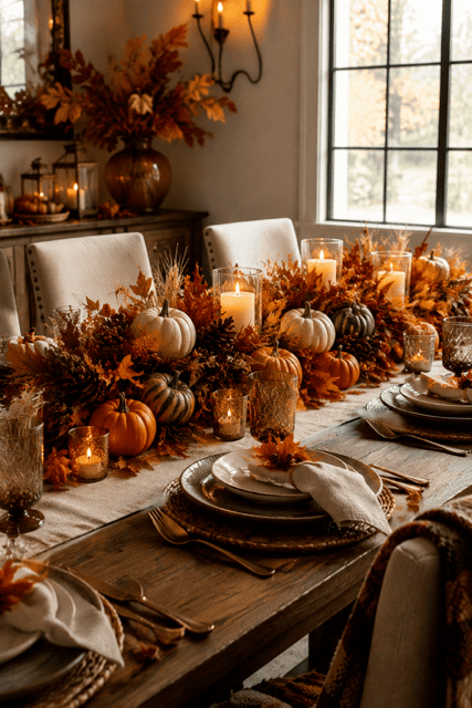 Cozy autumn home ideas featuring a candlelit dining table decorated with miniature pumpkins, pinecones, fall leaves, and layered place settings.
