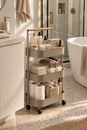 3-tier rolling bathroom organizer cart with wheels storing neutral towels, toiletries, cotton swabs, toilet paper, clear organizer bins and woven bathroom storage basket.