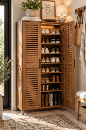 Cozy modern entryway featuring a tall natural wood louvered shoe storage cabinet filled with organized sneakers, sandals, heels, and boots, styled with a ceramic lamp, green plant, framed wall art, woven bag, neutral rug, wall hooks, books, and warm natural sunlight.