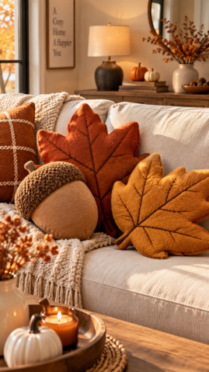 Neutral living room sofa decorated with orange and mustard leaf-shaped fall pillows, acorn cushion, plaid throw pillows, cream knit blanket, small pumpkins, candles, table lamp, dried branches, and warm seasonal living room decor.