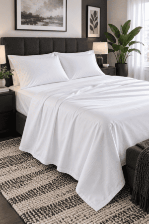 Fresh white sheets and pillowcases dress a charcoal upholstered bed beside black nightstands, warm lamps, monochrome artwork, leafy plant, woven geometric rug, dark bench, and softly filtered window light inside.