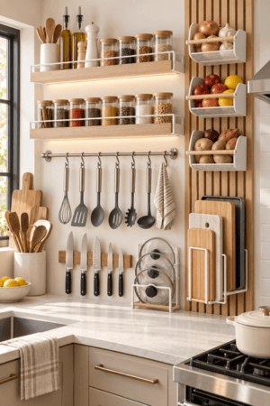 Organized kitchen wall featuring illuminated spice shelves, hanging cooking utensils, magnetic knife storage, produce baskets, cutting board rack, pan lid holder, oil bottles, mills, and wooden accessories.