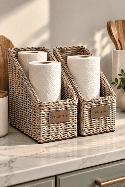 Two woven countertop baskets neatly storing extra paper-towel rolls in a warm neutral kitchen