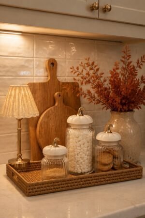 Warm rustic fall kitchen counter decor with pumpkin canisters, woven tray and autumn foliage