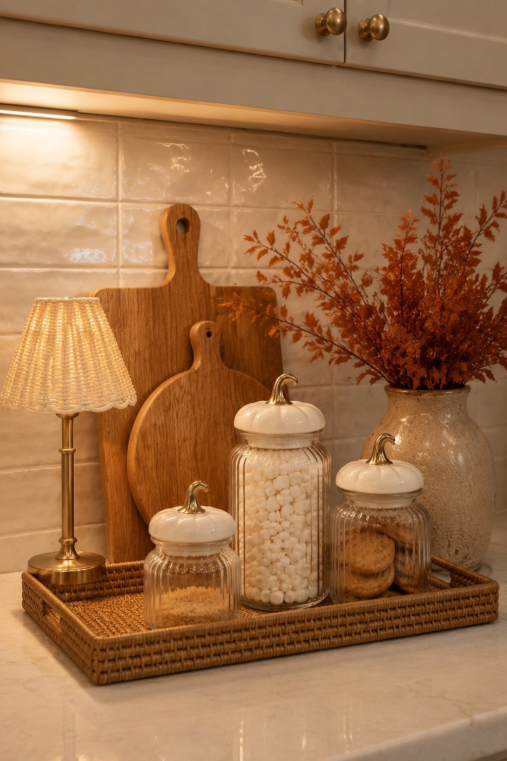 Warm rustic fall kitchen counter decor with pumpkin canisters, woven tray and autumn foliage