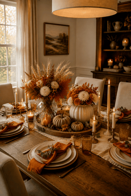 Elegant autumn home ideas with fall floral centerpieces, taper candles, amber glasses, miniature pumpkins, and burnt-orange table napkins.