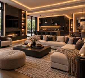 Cozy modern living room with oversized cream sectional sofa, round upholstered ottoman, dark wood coffee table, neutral area rug, chunky knit throw and warm fireplace lighting.