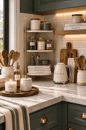 Warm modern kitchen countertop styling featuring wooden cutting boards, ceramic utensil crocks with wood cooking tools, glass coffee sugar and tea canisters, oil and vinegar bottles, cream electric kettle, countertop shelving unit, decorative candles, wood trays, ceramic jars, kitchen books, greenery, flowers, and warm under-cabinet lighting.