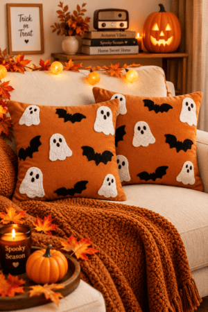 Burnt orange ghost and bat Halloween pillows styled on cream sofa with chunky rust throw blanket, pumpkin lights, autumn leaves and cozy seasonal decorations.