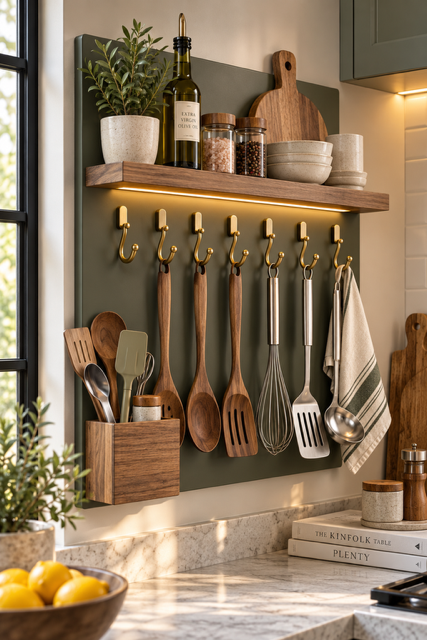 Wall-mounted kitchen organizer with brass hooks, wooden utensils, metal cooking tools, and a floating shelf