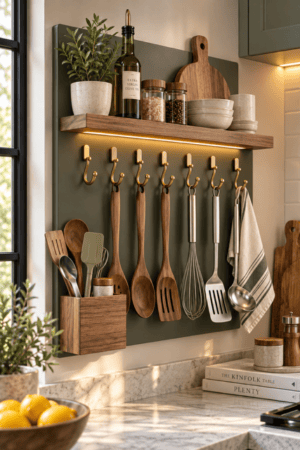 Olive green kitchen wall organizer featuring natural wood floating shelf, brass utensil hooks, hanging wooden spoons and spatulas, stainless steel whisk and turner, metal ladle, striped dish towel, wooden utensil holder, olive oil bottle, spice jars, ceramic bowls, cutting boards, greenery, and warm shelf lighting.