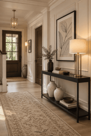 Elegant neutral entryway with slim black console table, brass linen shade lamp, beige vintage runner rug, botanical wall art, ceramic vases and warm wood doors.