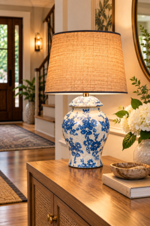 Blue and white floral ceramic ginger jar table lamp with textured linen shade styled on a warm wood entryway console.