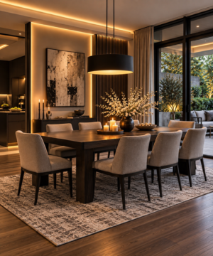 Warm modern dining room with dark wood table, beige upholstered chairs, oversized black drum pendant light, neutral area rug, black vase and candle centerpiece.