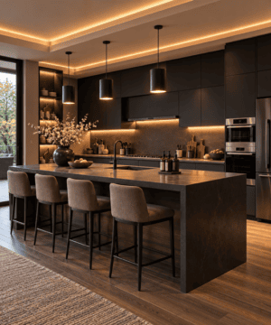 Modern black kitchen with large waterfall island, upholstered counter stools, black pendant lights, warm LED lighting, stainless steel appliances and elegant countertop decor.