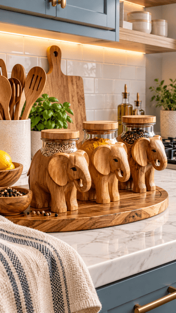 Amazon Kitchen Finds elephant-shaped wooden spice jars displayed on a round countertop tray