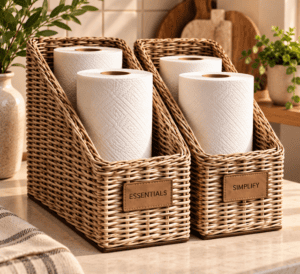 Two natural woven rattan countertop storage baskets holding white paper towel rolls with brown label holders in a warm neutral kitchen.