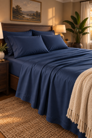 Deep navy sheets and matching pillowcases cover a dark wooden bed in a warm bedroom featuring cream knit throw, natural jute rug, bedside lamps, landscape artwork, and tall plant nearby.