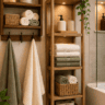 Small bathroom organization ideas with a tall wooden storage shelf, woven baskets, folded towels, and wall-mounted towel hooks.