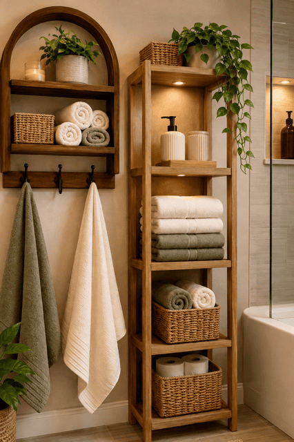 Small bathroom organization ideas with a tall wooden storage shelf, woven baskets, folded towels, and wall-mounted towel hooks.