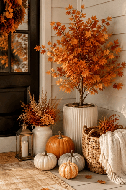 Elegant autumn home ideas featuring a potted orange maple, neutral pumpkins, dried flowers, a lantern, and a woven blanket basket.