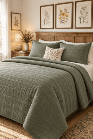 Sage green quilt and matching shams cover a wooden bed beneath botanical prints, styled with white sheets, leaf pillow, bedside lamp, ceramic vase, woven rug, and bright natural sunlight indoors.