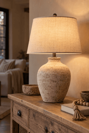 Large distressed ceramic urn table lamp with an oatmeal linen shade displayed on a rustic wooden console in a warm neutral interior.