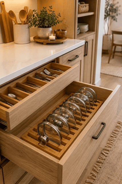 Amazon Kitchen Finds adjustable bamboo drawer organizer storing glass pot lids beside a cutlery tray