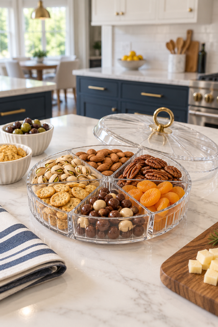 Amazon Kitchen Finds clear divided serving tray filled with nuts, crackers, chocolates, and dried fruit