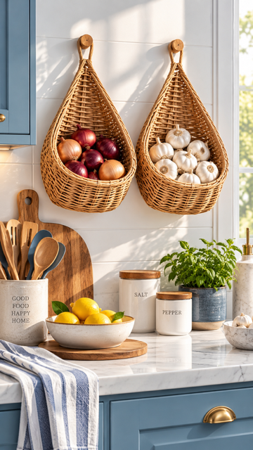 Amazon Kitchen Finds hanging woven baskets storing red onions, yellow onions, and garlic in a bright blue kitchen