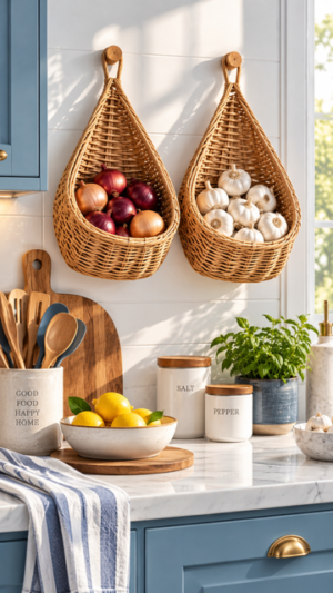 Two hanging wicker wall baskets filled with red and yellow onions and fresh garlic in a blue and white kitchen with wooden utensils, cutting boards, ceramic canisters, lemons, fresh herbs, and striped kitchen towels.