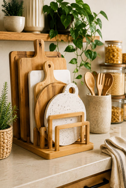 Bamboo cutting-board organizer holding wooden, marble-look, and round serving boards on a kitchen counter
