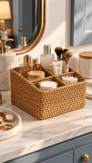 Natural woven bathroom vanity organizer basket with divided compartments holding skincare bottles, perfume, makeup brushes, creams, and cotton pads on a light bathroom countertop beside a round mirror, creating stylish and practical vanity storage for an organized neutral bathroom.