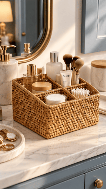 Clear cut-glass bathroom accessory set with soap dispenser, toothbrush holder, cotton pad jar, soap dish, towel, and silver tray.