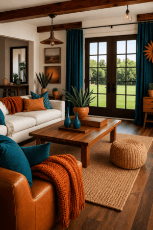 Deep teal velvet curtain panels framing black French doors in a cozy living room with cream sofa, warm wood coffee table, burnt orange accents, woven rug, greenery, and rich modern American home décor.