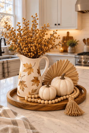 Round walnut tray displays a leaf-patterned ceramic pitcher filled with golden berry branches, two cream pumpkins, dried palm fans, and a wooden bead garland with jute tassel on marble countertop.