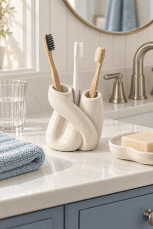 Speckled cream knot-shaped ceramic holder displaying three toothbrushes on a marble vanity, beside a matching soap dish, bar soap, blue towels, water glass, brushed nickel faucet, and round mirror above.