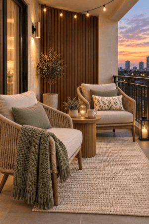 Alt Text: Modern apartment balcony with two cushioned woven chairs, round wooden side table, sage throw pillows, string lights, lantern, and neutral outdoor rug.