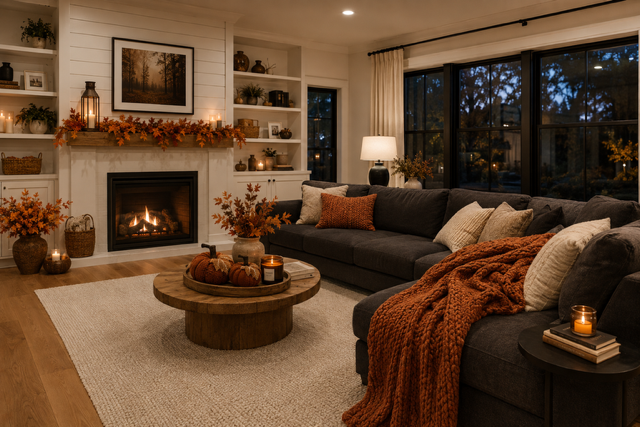 Warm autumn home ideas for a living room with a fireplace, charcoal sectional, rust knit throw, candles, and seasonal pumpkin decor.